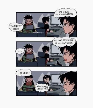 3boys artist_name batman_(series) brothers chair computer crossed_legs damian_wayne dc_comics dick_grayson english_text green_eyes highres hokkemaruyaki indoors laptop looking_at_another monitor multiple_boys night nightwing on_chair robin_(dc) siblings sitting speech_bubble tim_drake