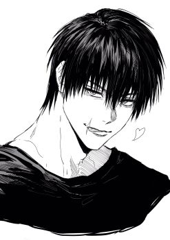 1boy cropped_torso fushiguro_touji heart highres jujutsu_kaisen looking_at_viewer male_focus scar scar_on_face scar_on_lip scar_on_mouth shirt short_hair simple_background solo sso_s tongue tongue_out white_background