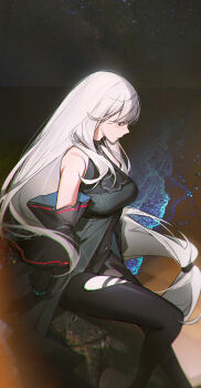 Rule 34 | 1girl, absurdres, arknights, arms at sides, bare shoulders, beach, black gloves, black pants, bra, breasts, closed mouth, clothing cutout, detached sleeves, feet out of frame, gloves, grey hair, highres, infection monitor (arknights), large breasts, long hair, long sleeves, looking away, looking down, low-tied long hair, night, night sky, no headwear, ocean, outdoors, pants, red eyes, rock, sitting, skadi (arknights), skadi (elite ii) (arknights), sky, solo, star (sky), starry sky, thigh cutout, underbust, underwear, very long hair, water, xtears kitsune