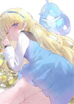 1girl absurdres alternate_costume blonde_hair blue_dress blush closed_mouth commentary_request dress highres kneepits long_hair long_sleeves looking_at_viewer lying nimbus_wraith_(wuthering_waves) on_side one_eye_closed phoebe_(wuthering_waves) purple_eyes shigureszku shirt simple_background solo tacet_discord_(wuthering_waves) very_long_hair white_background white_shirt wuthering_waves