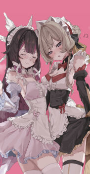 2girls absurdres apron black_dress black_hair blush breasts brown_hair cleavage coa_(35_seno) colored_inner_hair columbina_(genshin_impact) commentary detached_sleeves dress english_commentary eye_mask frilled_dress frills genshin_impact grey_eyes hair_bun hair_ornament highres large_breasts long_hair looking_at_viewer maid maid_headdress mask medium_breasts multicolored_hair multiple_girls open_mouth pink_background pink_dress pink_hair sandrone_(genshin_impact) simple_background smile thighhighs waist_apron white_apron white_mask white_thighhighs white_wings wing_hair_ornament wings x-shaped_eyewear