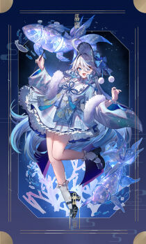 Rule 34 | 1girl, absurdres, ahoge, alternate costume, black shoes, blue eyes, blue hair, bracelet, commentary, dress, drop-shaped pupils, full body, furina (genshin impact), genshin impact, hair between eyes, highres, jewelry, long hair, long sleeves, looking at viewer, mismatched pupils, open mouth, shoes, smile, socks, symbol-shaped pupils, very long hair, white socks, wide sleeves, yolanda