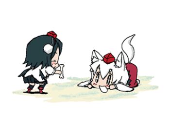 +_+ 2girls animal_ears animated animated_gif baku_taso bone chibi third-party_edit female_focus geta hat inubashiri_momiji lowres multiple_girls shameimaru_aya tail tengu-geta third-party_edit touhou wolf_ears wolf_tail