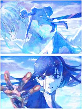 2others antarcticite black_necktie blue_hair blue_sky commentary_request crying despair floating_hair gem_uniform_(houseki_no_kuni) golden_arms highres houseki_no_kuni long_hair multiple_others necktie nogiii_3 phosphophyllite_(ll) reaching reaching_towards_viewer shirt shorts sky snow solo white_hair white_shirt white_shorts