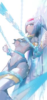 1girl :| absurdres against_wall android bdsm blue_eyes blurry blush bodysuit boots bound bound_arms bound_legs bound_torso bound_wrists breasts broken_helmet broken_panties chain closed_mouth clothes cracked_helmet crying fairy_leviathan_(mega_man) helmet highres medium_breasts mega_man_(series) mega_man_zero_(series) panties restrained robot robot_girl scared snowflakes standing struggling tanziya_(codlxcold) thigh_boots thighhighs torn_bodysuit torn_clothes trembling underwear weapon white_background
