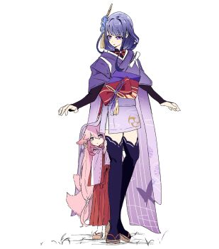 2girls absurdres animal_ears braid child fan_hair_ornament floppy_ears flower fox_ears genshin_impact hashtag-only_commentary highres japanese_clothes kimono long_braid long_hair low-braided_long_hair low-tied_long_hair multiple_girls pink_hair purple_eyes purple_flower purple_hair purple_kimono purple_nails raiden_shogun sandals supervespa99 yae_miko