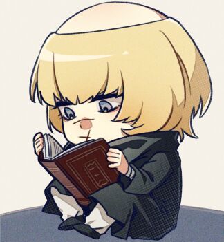Rule 34 | 1boy, badeni, black shoes, black tabard, blonde hair, book, chi.: chikyuu no undou ni tsuite, chibi, chibi only, full body, holding, holding book, iorbtyn, male focus, medium hair, scar, scar on face, scar on mouth, scar on nose, shoes, simple background, sitting, solo, tabard, tonsure, white background