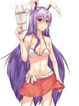Rule 34 | 1girl, alternate costume, animal ears, asuzemu, bad id, bad pixiv id, bare arms, bare shoulders, bikini, bikini top only, blush, breasts, cleavage, closed mouth, collarbone, cowboy shot, female focus, floppy ears, groin, gun, hair between eyes, halterneck, holding, holding gun, holding weapon, long hair, looking at viewer, lunatic gun, medium breasts, miniskirt, navel, pink eyes, pink skirt, purple hair, rabbit ears, red skirt, reisen udongein inaba, sidelocks, skirt, smile, solo, stomach, swimsuit, touhou, very long hair, water gun, weapon, white background, white bikini