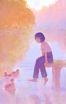 1girl animal arm_support barefoot bird blue_pants blunt_bangs blush bob_cut closed_mouth dot_mouth dot_nose duck fjsmu from_side highres lake looking_ahead original outdoors pants pier purple_hair reflection reflective_liquid scenery shirt sitting solo white_shirt