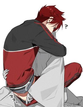 2boys ? alternate_costume arms_around_shoulders artist_name ass ass_peek back black_jacket black_pants black_trim bob_cut clothes_lift clothes_pull couple cowboy_shot facing_away from_behind from_side grey_shirt gym_uniform hair_between_eyes hair_over_one_eye hakama hakama_pants half-closed_eyes hand_on_another's_back height_difference high_collar hug jacket japanese_clothes kimono long_hair long_sleeves looking_at_another looking_down male_focus male_saniwa_(touken_ranbu) male_underwear motion_lines multicolored_jacket multicolored_pants multiple_boys official_alternate_costume ookanehira_(touken_ranbu) pants pants_pull partially_colored red_hair red_jacket red_pants red_trim saniwa_(touken_ranbu) school_uniform sexy_kaido shirt short_hair sideburns signature simple_background sitting sitting_on_lap sitting_on_person size_difference solo_focus spiked_hair sportswear straddling sweatdrop t-shirt touken_ranbu track_jacket track_pants track_suit twitter_username two-tone_jacket two-tone_pants underwear upright_straddle white_background white_trim wide_sleeves yaoi