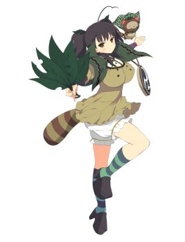 1girl animal arms_up bloomers blue_socks breasts brown_hair brown_shirt cape capelet card_(medium) character_name dress emblem green_capelet green_socks hand_fan holding holding_fan large_breasts leaf leaf_fan misato_(senran_kagura) mitsudomoe_(shape) official_art pontarou_(senran_kagura) raccoon raccoon_girl raccoon_tail senran_kagura senran_kagura_new_wave shirt short_twintails simple_background socks solo striped_clothes striped_socks tail tomoe_(symbol) twintails two-tone_socks underwear white_background yaegashi_nan yellow_eyes