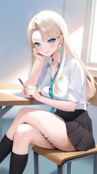 1girl alternate_hairstyle aqua_necktie azusa_hina black_skirt blonde_hair blue_eyes blurry blurry_background breasts closed_mouth collared_shirt commentary crossed_legs desk earrings hair_down highres holding holding_pen indoors jewelry light_blush long_hair looking_at_viewer lynae_(wuthering_waves) medium_breasts necktie pen school_desk shirt sitting skirt smile solo tacet_mark_(wuthering_waves) white_shirt wuthering_waves