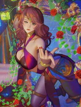 1girl ass bare_shoulders bracelet breasts bridal_gauntlets bridal_legwear brown_hair butt_crack circlet cleavage closed_mouth criss-cross_halter dancer dorothea_arnault dorothea_arnault_(plegian) fire_emblem fire_emblem:_three_houses fire_emblem_heroes flower gold_collar gold_thighlet green_eyes hair_ornament halterneck harem_outfit highres irisli0224 jewelry large_breasts long_hair looking_at_viewer nintendo official_alternate_costume pantyhose pelvic_curtain pointing pointing_at_viewer red_flower red_nails red_rose rose solo thighlet thighlet