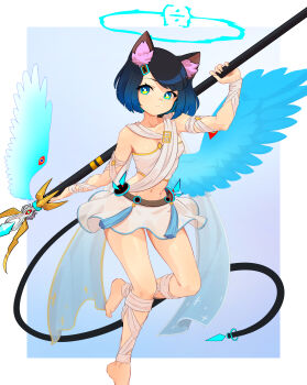 1girl absurdres angel_wings animal_ear_fluff animal_ears bare_shoulders barefoot belt black_hair blue_hair brown_belt cat_ears cat_girl closed_mouth commentary english_commentary eyelashes full_body gradient_hair hair_ornament hairclip halo haqu_(suweeka) highres holding holding_behind_back holding_weapon holding_weapon_behind_back midriff multicolored_eyes multicolored_hair navel original sash shirt short_hair skirt solo suweeka tail weapon white_sash white_shirt white_skirt wings