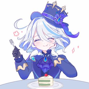 1girl :t absurdres ahoge ascot awarenaikimono black_gloves blue_gemstone blue_hair blue_hat blue_jacket blush cake cake_slice cherry closed_eyes closed_mouth commentary_request crumbs dot_nose eating food food_on_face fork fruit furina_(genshin_impact) gem genshin_impact gloves hair_between_eyes hair_intakes hand_on_own_face hat highres holding holding_fork jacket long_sleeves multicolored_hair simple_background smile solo streaked_hair top_hat white_background white_hair