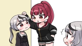 3girls ^^^ black_choker black_dress black_hair black_jacket blush_stickers breasts brown_eyes chibi choker cleavage closed_mouth dolphin_shorts dress grey_hair hair_ornament heterochromia highres hololive hood hood_down hooded_jacket houshou_marine houshou_marine_(summer) jacket kabedon long_hair long_sleeves medium_breasts mochimiko multicolored_hair multiple_girls open_mouth parted_lips pleated_dress ponytail puffy_long_sleeves puffy_sleeves red_eyes red_hair sakamata_chloe short_shorts shorts siblings sisters small_sweatdrop streaked_hair sweat trembling twintails very_long_hair virtual_youtuber wavy_mouth white_shorts x_hair_ornament