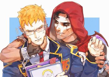 Rule 34 | 2boys, anger vein, bespectacled, blonde hair, blue jacket, brown eyes, brown hair, calshuo2476, closed mouth, collared shirt, facepaint, glasses, gold trim, hand on another's chin, hand on another's wrist, highres, hood, hood up, jacket, lapels, male focus, multiple boys, necktie, official alternate costume, overwatch, reaper (overwatch), rectangular eyewear, red necktie, shirt, short hair, sleeve cuffs, smile, soldier: 76 (overwatch), upper body, white shirt, wing collar
