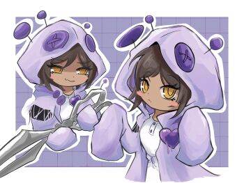 1girl brown_hair commentary_request dark-skinned_female dark_skin e.g.o_(project_moon) heart highres holding holding_scissors hood hood_up hoodie i'll_go_fer_scissors._how_'bout_you?_(e.g.o) limbus_company looking_at_viewer multiple_views outis_(project_moon) project_moon purple_hoodie scissors shirt short_hair simple_background smile torimodoki_0 white_shirt