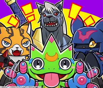 2025 :3 bandai bat_(animal) chiropmon copyright_name digimon digimon_(creature) digimon_beatbreak furry furry_male gecko gekkomon long_tongue looking_at_viewer multiple_boys murasamemon official_art pectorals pristimon red_eyes salute smile stuffed_toy sword sword_on_back tongue tongue_out weapon weapon_on_back