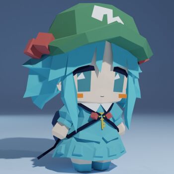 1girl 3d blue_eyes blue_hair chibi chibi_only green_hat grey_background hat highres kawashiro_nitori mugi_(mugimugi_9kv) short_twintails solo touhou twintails