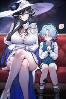 1boy 1girl black_hair black_hat black_shoes blue_hair blush breasts cleavage constance_(honkai:_star_rail) crossed_legs dress flower gloves hair_over_one_eye hat hat_flower high_heels highres honkai:_star_rail honkai_(series) horns large_breasts long_hair long_sleeves misha_(honkai:_star_rail) mole mole_under_eye non-web_source purple_eyes shoes shorts sitting smile white_dress white_gloves white_hat
