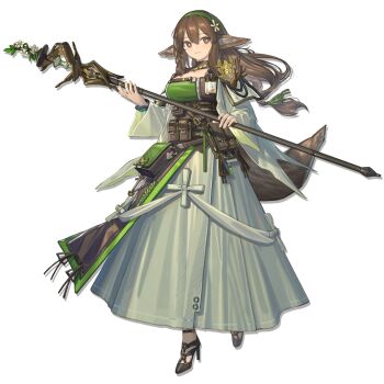 1girl animal_ear_fluff animal_ears arknights belt belt_pouch black_shoes breasts brown_bag brown_belt brown_dress brown_eyes brown_hair brown_overskirt capelet cleavage cleavage_cutout closed_mouth clothing_cutout collarbone dress flower fox_ears fox_girl full_body green_bag green_dress green_hairband green_overskirt green_theme hair_between_eyes hair_flower hair_ornament hairband high_heels highres holding holding_staff id_card infection_monitor_(arknights) lanzi_(415460661) large_breasts long_dress long_hair long_skirt looking_at_viewer multiple_belts official_art overskirt perfumer_(arknights) perfumer_the_distilled_(arknights) plant pouch see-through_capelet see-through_clothes shoes shrug_(clothing) sidelocks simple_background skirt smile solo staff standing tachi-e third-party_source transparent_background two-tone_dress underbust vines white_flower white_shrug white_skirt wide_sleeves zipper_dress