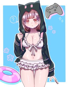 1girl black_jacket blue_background blush breasts brown_hair cleavage collarbone controller cowboy_shot danganronpa_(series) danganronpa_2:_goodbye_despair flying_sweatdrops game_controller highres hood hood_up jacket large_breasts long_sleeves medium_hair nanami_chiaki navel open_clothes open_jacket pink_eyes pink_hair sato_sora shiny_skin solo speech_bubble
