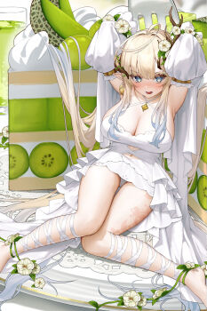 1girl absurdres ahoge armpits arms_up bare_shoulders blonde_hair blue_eyes blush branch breasts cake cake_slice character_request chinese_commentary cleavage clothing_cutout collarbone commentary_request criss-cross_halter cup detached_sleeves dress drinking_glass flower food frown fruit hair_between_eyes hair_intakes hair_ornament halter_dress halterneck highres huge_ahoge indie_virtual_youtuber juice knees_together_feet_apart l_ract lace large_breasts legs legs_apart long_hair long_sleeves looking_at_viewer lower_teeth_only mini_person minigirl navel navel_cutout open_mouth panties plant plate pointy_ears solo teeth thighs underwear very_long_hair vines virtual_youtuber white_dress white_flower white_panties