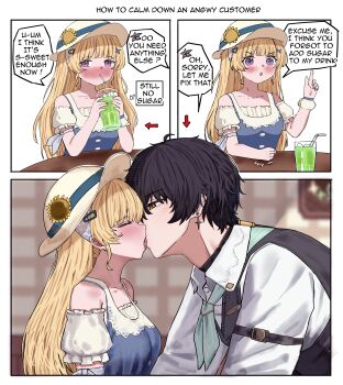 1boy 1girl 2na_(blue2na) absurdres bare_shoulders black_hair black_vest blake_bloom_(wuthering_waves) blonde_hair blurry blurry_background blush breasts closed_eyes collarbone collared_shirt commentary cup drinking drinking_glass drinking_straw english_commentary english_text french_kiss hair_ornament hand_up hat hetero highres index_finger_raised indoors kiss long_hair male_rover_(wuthering_waves) medium_breasts nose_blush official_alternate_costume phoebe_(wuthering_waves) purple_eyes rover_(wuthering_waves) shirt slam vest white_shirt wuthering_waves x_hair_ornament yellow_eyes
