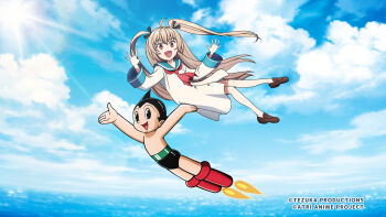 1boy 1girl :d ahoge artist_collaboration ascot atom_(tetsuwan_atom) atri atri-my_dear_moments- black_eyes black_hair black_ribbon blue_sailor_collar blue_sky brown_hair brown_shoes carrying carrying_person cloud copyright_notice crossover day dress end_card floating_hair full_body guest_art hair_between_eyes hair_ribbon hands_up happy knees_together_feet_apart legs_together loafers long_hair long_sleeves looking_at_viewer ocean official_art open_mouth outdoors outstretched_hand red_ascot red_eyes ribbon sailor_collar sailor_dress seya_shinji shoes short_hair sky smile tetsuwan_atom trait_connection two_side_up very_long_hair white_dress wide_sleeves