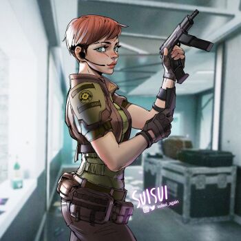 ammunition ammunition_belt ammunition_pouch artist_name blurry blurry_background blush body_armor box breasts commentary english_commentary facing_to_the_side fingerless_gloves gloves green_eyes gun headpiece highres holding holding_gun holding_weapon indoors instagram_logo lips lipstick looking_at_viewer makeup orange_hair pants pouch procreate_(medium) rainbow_six_siege reloading scar scar_on_face short_hair signature submachine_gun suisui_again thorn_(rainbow_six) twitter_username weapon