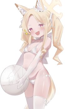 1girl :d absurdres animal_ear_fluff animal_ears ball beachball bikini blonde_hair blue_archive breasts commentary cowboy_shot danphyy elbow_gloves english_commentary fox_ears fox_girl fox_tail gloves halo highres holding holding_ball holding_beachball long_hair looking_at_viewer navel open_mouth purple_eyes seia_(blue_archive) simple_background small_breasts smile solo swimsuit tail thighhighs twintails white_background white_bikini white_gloves white_thighhighs yellow_halo
