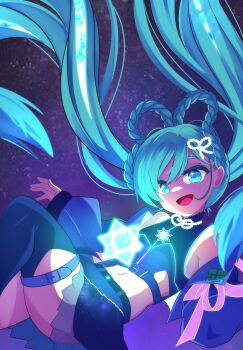 :d absurdly_long_hair absurdres aqua_eyes aqua_hair blue_jacket blue_thighhighs braid braided_hair_rings crop_top falling hair_ornament hair_rings hatsune_miku highres jacket long_hair lustrous_(vocaloid) magical_mirai_(vocaloid) magical_mirai_miku magical_mirai_miku_(2025) official_alternate_hairstyle open_mouth shion_(shion_aster) small_stellated_dodecahedron smile star_(symbol) star_hair_ornament thighhighs very_long_hair vocaloid