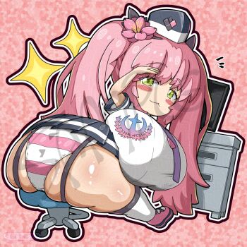 1girl ass ass_focus blush blush_stickers breasts chair flower from_behind garter_straps goddess_of_victory:_nikke green_eyes hair_flower hair_ornament hat huge_ass huge_breasts long_hair looking_at_viewer looking_back miniskirt panties pink_hair quiry_(nikke) sitting skirt smile solo thick_thighs thighhighs thighs twintails ultoni underwear very_long_hair