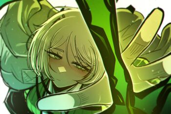 Rule 34 | 1girl, :|, arknights, blurry, breasts, closed mouth, collared shirt, command:meltdown (e.g.o), cosplay, depth of field, e.g.o (project moon), expressionless, faust (project moon), from above, green eyes, green vest, hair between eyes, highres, kal'tsit (arknights), kal'tsit (arknights) (cosplay), lab coat, light blush, limbus company, looking at object, medium breasts, medium hair, misg1111, project moon, reaching, shirt, simple background, solo, swept bangs, sword, vest, weapon, white background, white hair, white shirt, zweihander