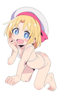 1girl :d bikini blonde_hair blue_eyes blush bright_pupils commentary_request flat_chest game_center_shoujo_to_ibunka_kouryuu grey_hat hat highres lily_baker loli looking_at_viewer micro_bikini open_mouth saeki_tatsuya short_hair simple_background smile solo swimsuit white_background white_bikini white_pupils