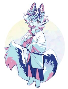 1boy animal_feet blue_fur blue_hair body_fur claws coat commentary deformed digitigrade fang fox_boy fuji_166 full_body furry furry_male long_hair male_focus original pink_eyes solo standing tail