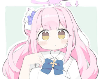 1girl blue_archive blue_bow blush_stickers border bow breasts brown_eyes capelet flower green_background hair_bun hair_flower hair_ornament halo hand_up large_breasts looking_at_viewer mika_(blue_archive) miranofuudoria outline parted_lips pink_hair purple_flower single_side_bun solo upper_body white_border white_capelet white_outline