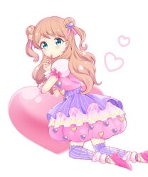 Rule 34 | 1girl, absurdres, blue eyes, brown hair, bubble skirt, cosmetics, double bun, dress, full body, hair bun, hair ornament, heart, heart hair ornament, high heels, highres, holding, holding lipstick tube, kanamori maria, kiratto pri chan, kneeling, lipstick tube, long hair, looking at viewer, looking back, pink dress, pink footwear, pretty series, puffy short sleeves, puffy sleeves, purple thighhighs, shoes, short sleeves, skirt, solo, thighhighs, third-party source, two side up, usanta, white background