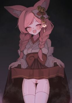1girl :p absurdres animal_ear_fluff animal_ears astral_party bell blush braid bright_pupils clothes_lift colored_pubic_hair commentary_request cowboy_shot detached_sleeves facial_mark female_pubic_hair fox_ears fox_girl hair_bell hair_ornament hakama hakama_lift highres hizikata398 japanese_clothes kimono lifting_own_clothes long_hair long_sleeves looking_at_viewer low_twin_braids mark_under_eye miko no_panties open_mouth pink_eyes pink_hair pink_pubic_hair pubic_hair pussy red_hakama ribbon ribbon_trim skindentation smile solo sparse_pubic_hair steaming_body sweatdrop teru_(astral_party) thigh_gap thighhighs tongue tongue_out twin_braids white_kimono white_thighhighs wide_sleeves