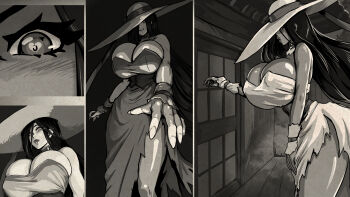 1girl 2025 2channel absurdres arm_at_side arm_up black_hair blush breasts cleavage close-up closed_mouth comic commentary corset curvy detached_sleeves dress eye_visible_through_hair eyebrows_hidden_by_hair female_focus fingernails folding_screen foreshortening from_side game_cg hachishaku_(game) hair_over_one_eye hasshaku-sama hat heart heart-shaped_pupils highres huge_breasts japanese_house japanese_urban_legends long_fingernails long_hair multiple_views narrow_waist nose_blush outdoors panels reaching reaching_towards_viewer ribbon standing straight_hair sun_hat symbol-shaped_pupils tall_female thick_lips torn_clothes torn_dress trash_panda_games very_long_hair white_background white_dress