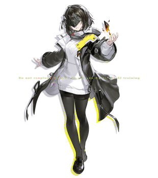 arknights arknights:_endfield black_coat black_hair black_pantyhose coat commentary_request endministrator_(arknights) eye_mask female_endministrator_(arknights) full_body highres kawaguchi_(mojacome) long_coat mask open_clothes open_coat pantyhose short_hair simple_background sweater tachi-e turtleneck turtleneck_sweater white_background white_sweater