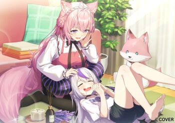 2girls ahoge animal_ears apron barefoot black_bow black_bowtie black_collar black_horns black_pantyhose black_shorts bow bowtie braid braided_bangs braided_bun breasts clothes_writing collar commentary_request crown_braid demon_horns double-parted_bangs double_bun frilled_sleeves frills grey_hair hair_bun hakui_koyori hexagon_hair_ornament hololive horns indoors la+_darknesss lap_pillow large_breasts long_hair long_sleeves lying multiple_girls no_shoes off-shoulder_shirt off_shoulder official_art on_back open_mouth own_hands_clasped own_hands_together pantyhose pink_apron pink_hair pointy_ears puffy_long_sleeves puffy_sleeves purple_eyes purple_streaks shirt shirt_tucked_in short_shorts shorts single_hair_streak soles striped_horns t-shirt tail tokisaka_makoto very_long_hair virtual_youtuber white_shirt wolf_ears wolf_girl wolf_tail