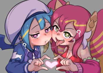 2girls ? basukechi blue_hair breasts fang heart heart-shaped_pupils heart_hands ki-sikil_(yu-gi-oh!) large_breasts lil-la_(yu-gi-oh!) lips loli multiple_girls oppai_loli pink_hair source_request symbol-shaped_pupils tagme yu-gi-oh! yuri