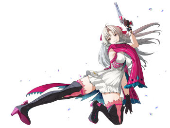 1girl absurdres aqua_eyes black_boots black_gloves boots bow breasts carlotta_(wuthering_waves) commentary drawing_qka dress dynamic_pose gloves grey_hair grin gun hair_bow high_heel_boots high_heels highres holding holding_gun holding_weapon jacket long_hair medium_breasts parted_bangs pink_bow pink_jacket pink_thighhighs sideways_glance simple_background smile solo thigh_boots thighhighs thighhighs_under_boots thighs weapon white_background white_dress wuthering_waves