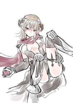 1girl armor armored_boots assassin_cross_(ragnarok_online) black_gloves black_leotard black_thighhighs boots breasts brown_eyes brown_hair brown_horns closed_mouth commentary_request elbow_gloves expressionless full_body gloves highres horns leotard looking_at_viewer lying medium_breasts medium_hair on_back pauldrons pointy_ears poison purple_scarf ragnarok_online scarf shimako_(user_jsaa7243) shoulder_armor simple_background sitting solo thighhighs white_background