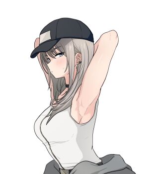 1girl armpits arms_up baseball_cap black_choker black_hat breasts choker commentary girls_band_cry grey_eyes grey_hair hair_between_eyes hat highres kawaragi_momoka lemoontya long_hair medium_breasts shirt sidelocks simple_background sleeveless sleeveless_shirt solo white_background white_shirt