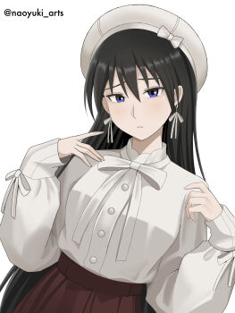 Rule 34 | 1girl, absurdres, alternate costume, artist name, azumanga daiou, black hair, blue eyes, bow, brown skirt, commentary, hat, hat bow, highres, long hair, looking at viewer, naoyuki arts, parted lips, sakaki (azumanga daioh), shirt, simple background, skirt, solo, white background, white hat, white shirt