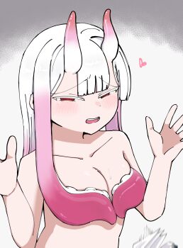 1girl absurdres arms_up bare_shoulders book breasts cleavage colored_skin commentary_request dropped_object fallwell gradient_hair grey_background half-closed_eyes heart highres light_blush long_hair monster_girl multicolored_hair original parted_lips pink_hair pink_skin red_eyes solo suction_cups teeth tentacle_hair topless_female two-tone_background two-tone_hair upper_teeth_only white_background white_hair