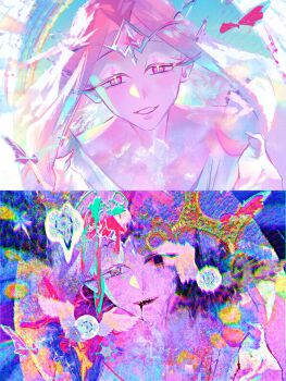 Rule 34 | 1girl, absurdres, angel, angel wings, breasts, cleavage, colored skin, cookie run, cookie run: kingdom, demon girl, dress, dual persona, eternal sugar cookie, highres, long hair, looking at viewer, pcacao, pink eyes, pink hair, pink skin, smile, solo, very long hair, white dress, wings